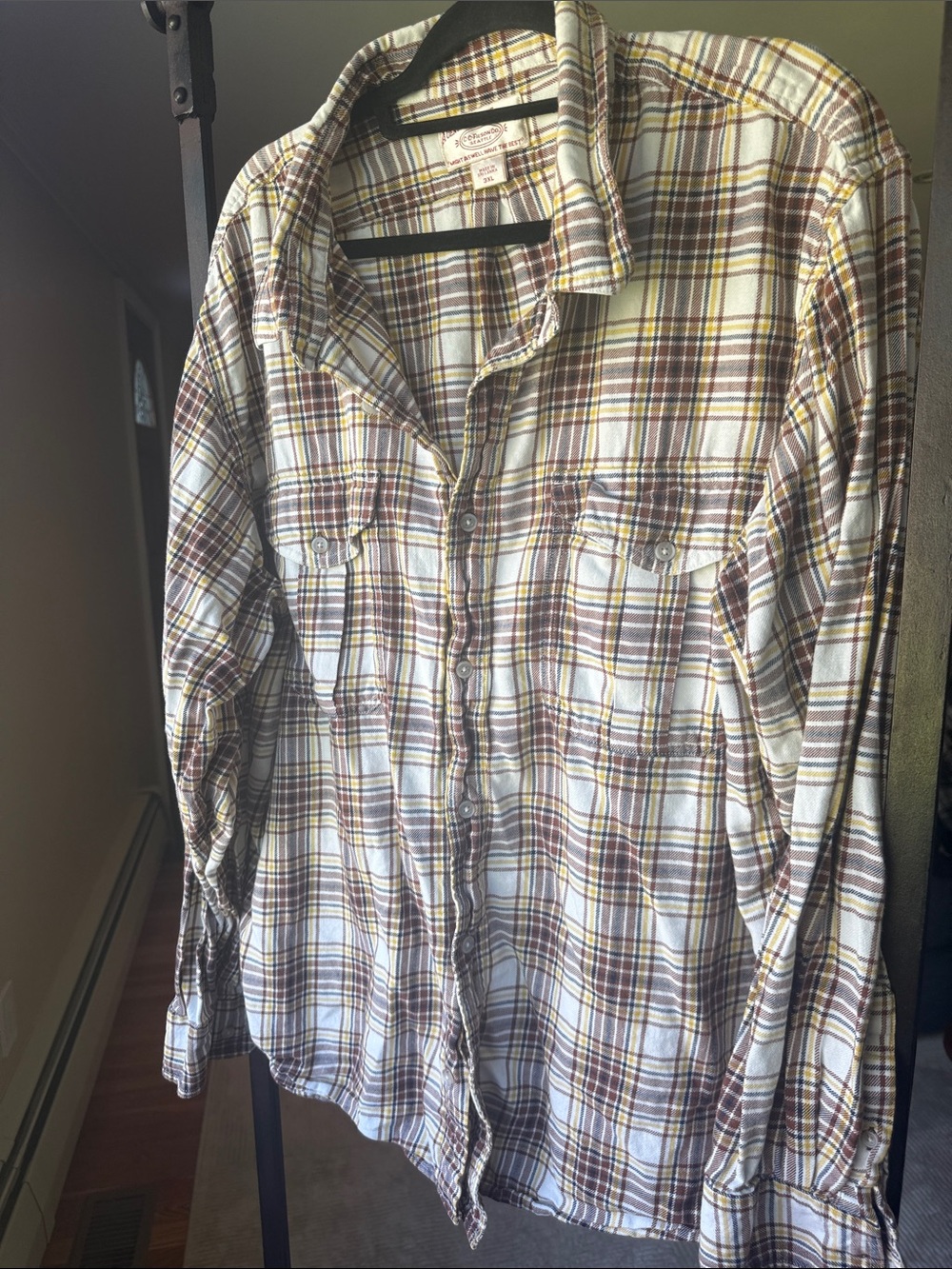 Filson Plaid Button-Down Shirt in Cream and Brown with Yellow Accents